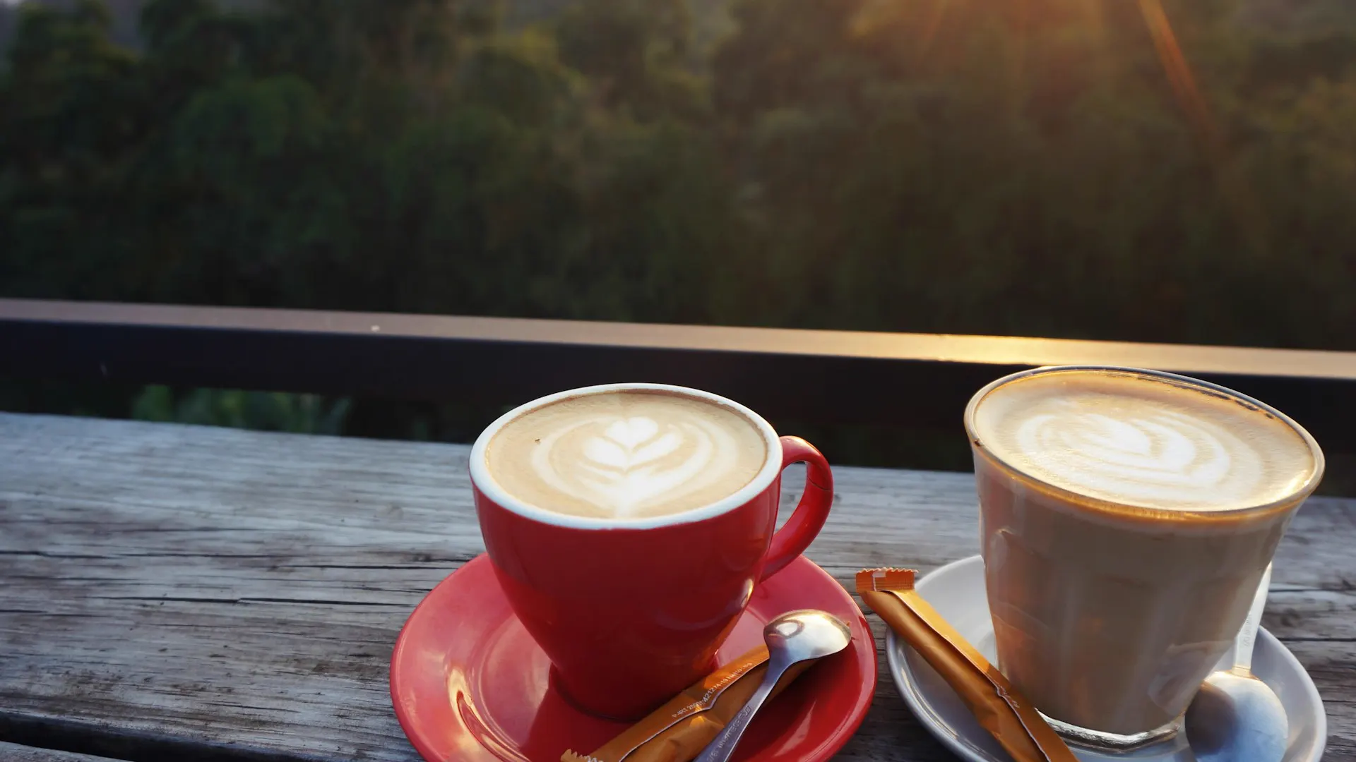 Tách cà phê đỏ và ly latte đặt trên bàn gỗ hướng ra rừng cây xanh
